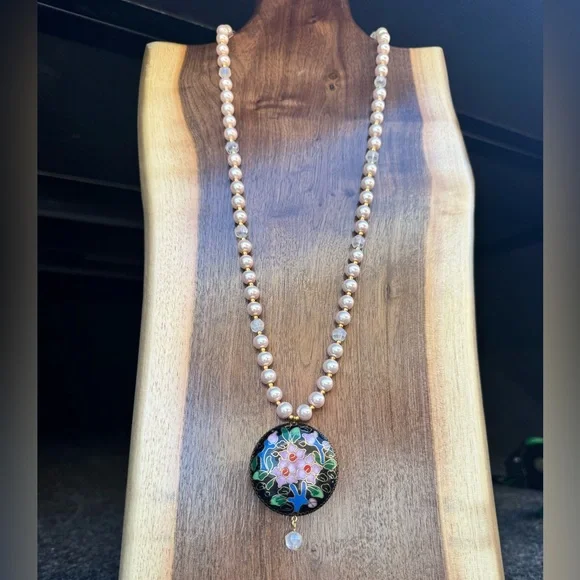 Handmade Cloisonne and Pink Pearl Necklace - Picture 3 of 8